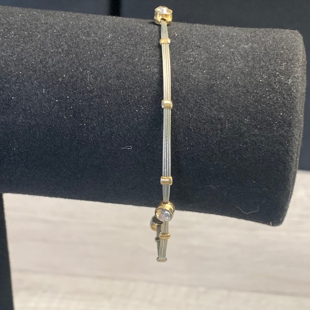Two Tone Cable Wire Bangle Bracelet Gold Silver Tone Round Crystal Accents 8in